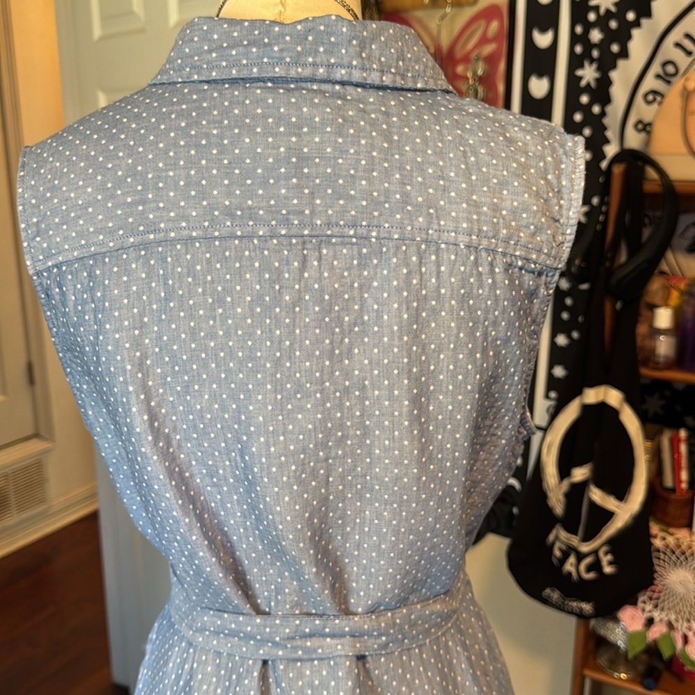 Tommy Hilfiger mini dress white polka dot/ blue collared belted half button sz10 - Picture 9 of 12